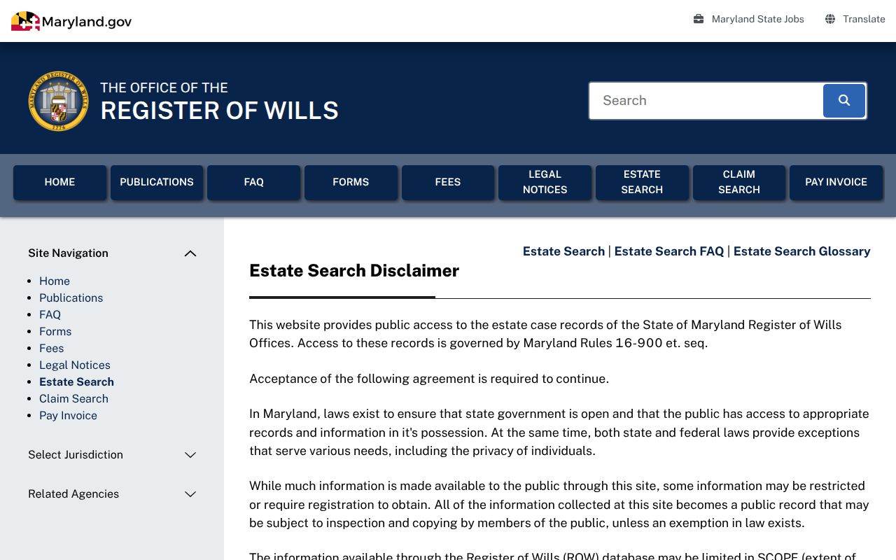 Maryland people search EstateSearch screen