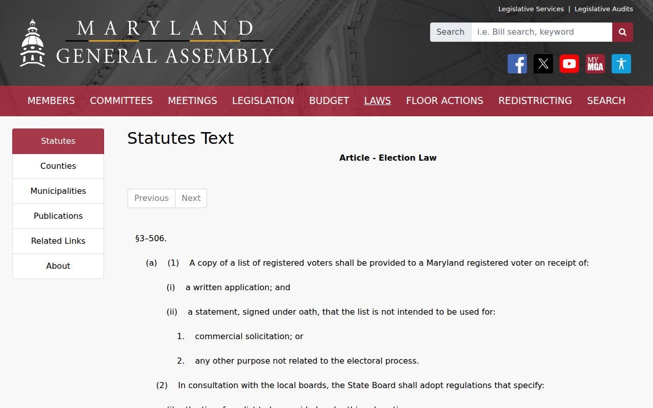Maryland voter registration list access statute