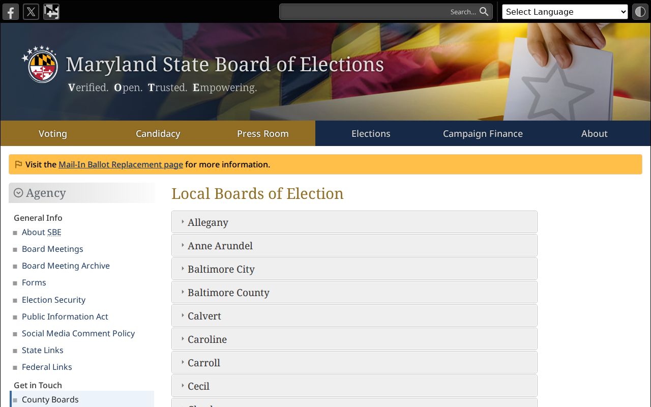 Maryland voter registration local election board directory