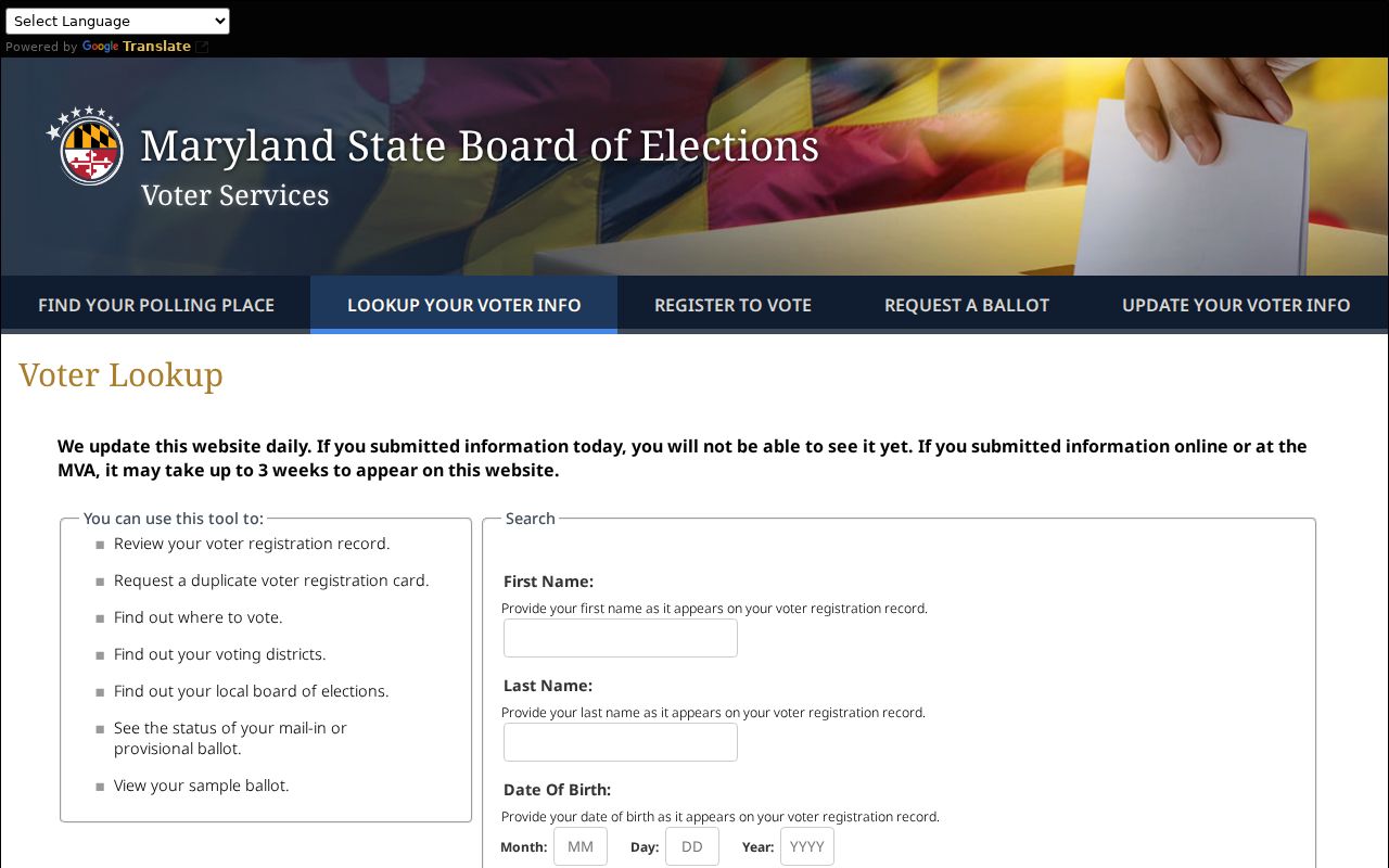 Maryland voter registration lookup search fields