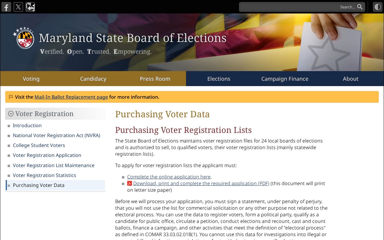 Maryland voter registration data application information
